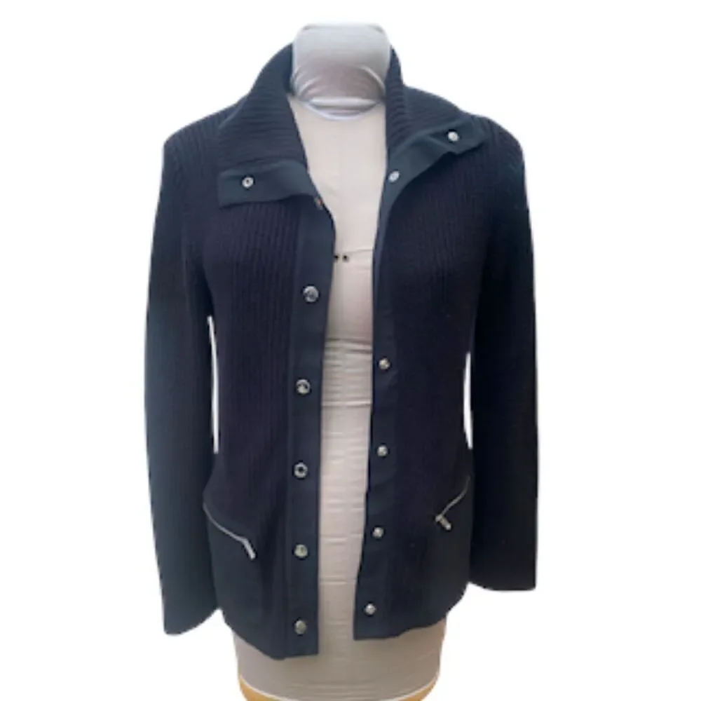 Jones New York Sport Cardigan Black Snap Front Zip Pockets Sz. L
